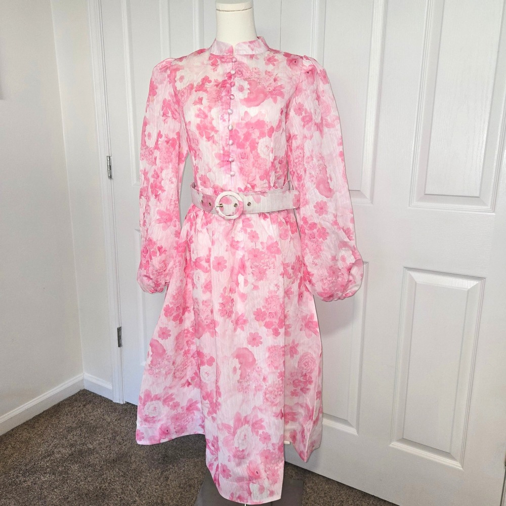 Mainstrip Floral Midi Dress‎ Womens L Pink White Belted Mock Neck Bishop Sleeve